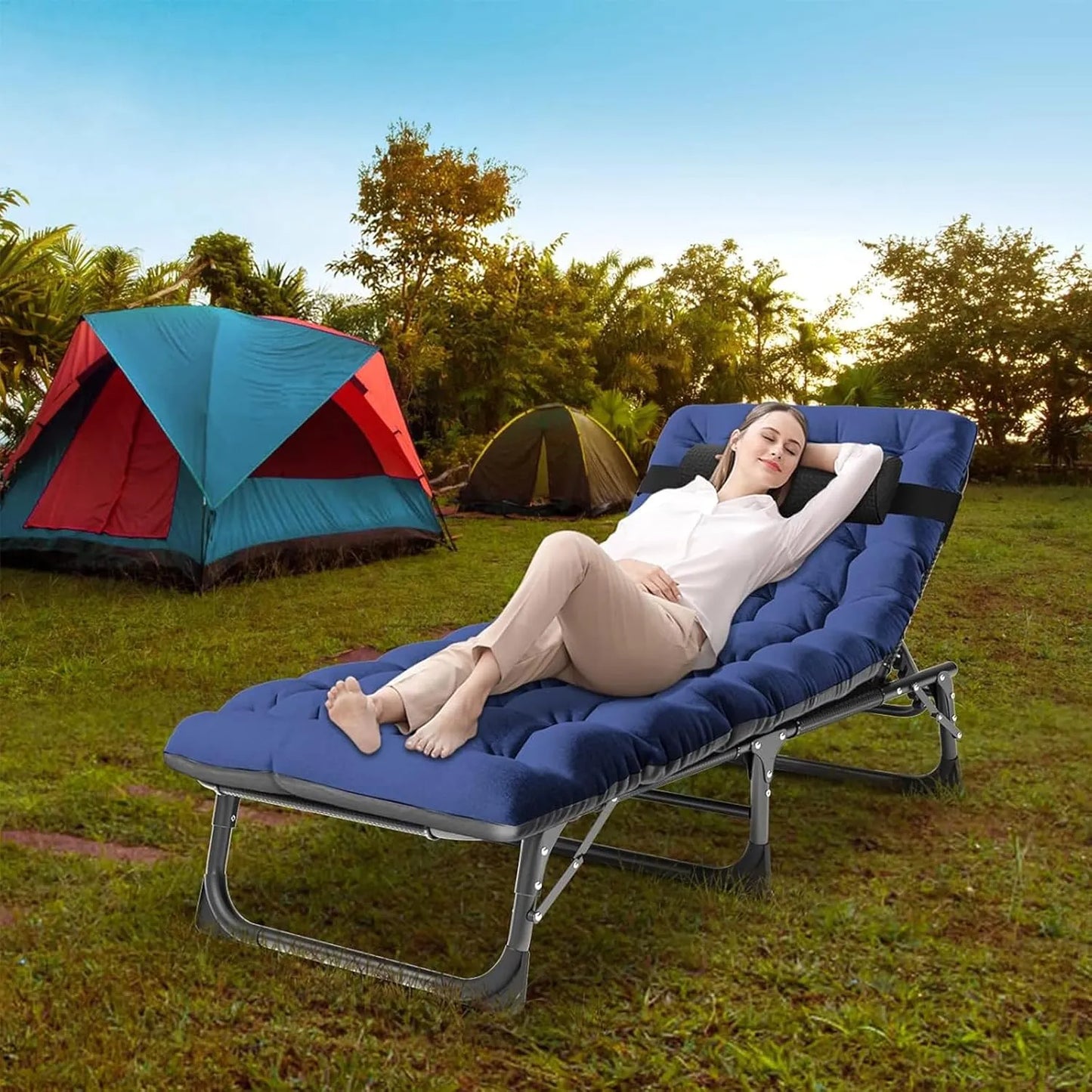 Portable outdoor recliner with double-sided mattress